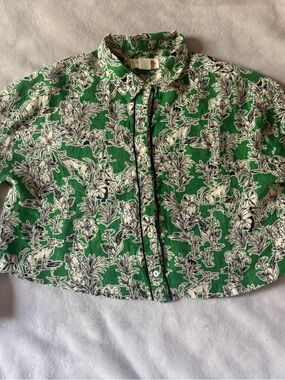 C&C California 100% Linen Green Tropical Jungle Print Button Up Shirt M